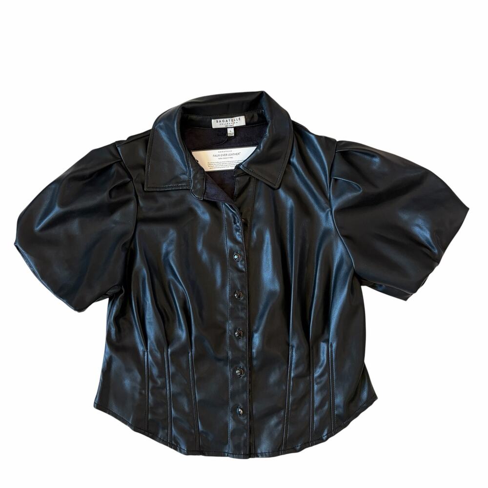 NEW Bagatelle Faux Leather Puff Sleeve Blouse Black Corset Button-Up Shirt Large